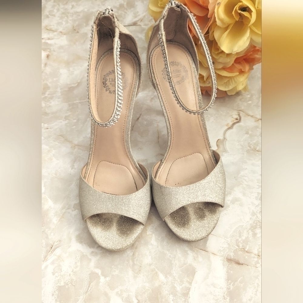 I. Miller Womens Gold Glitter Open Toe Slip On  Heel Pump Sz 8M